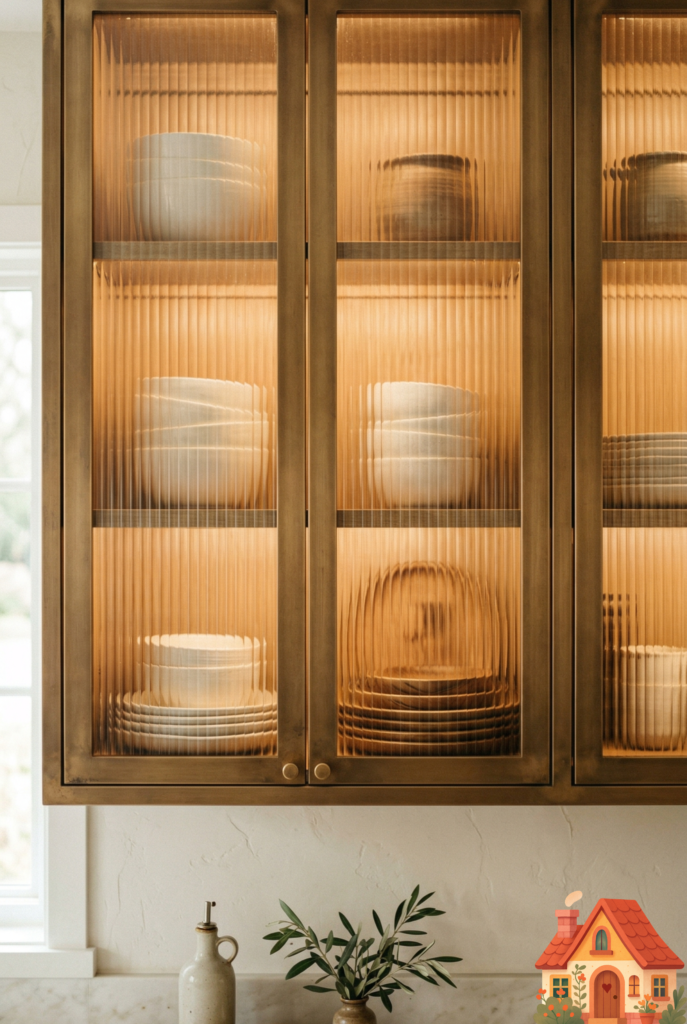 A beautiful detail shot of upper kitchen cabinetry. The cabinet doors feature ribbed, reeded glass set in warm bronze frames. Behind the beautifully textured glass, you can see the blurred, soft silhouettes of stacked white ceramic bowls and wooden plates. Warm interior cabinet lighting makes the glass glow softly.