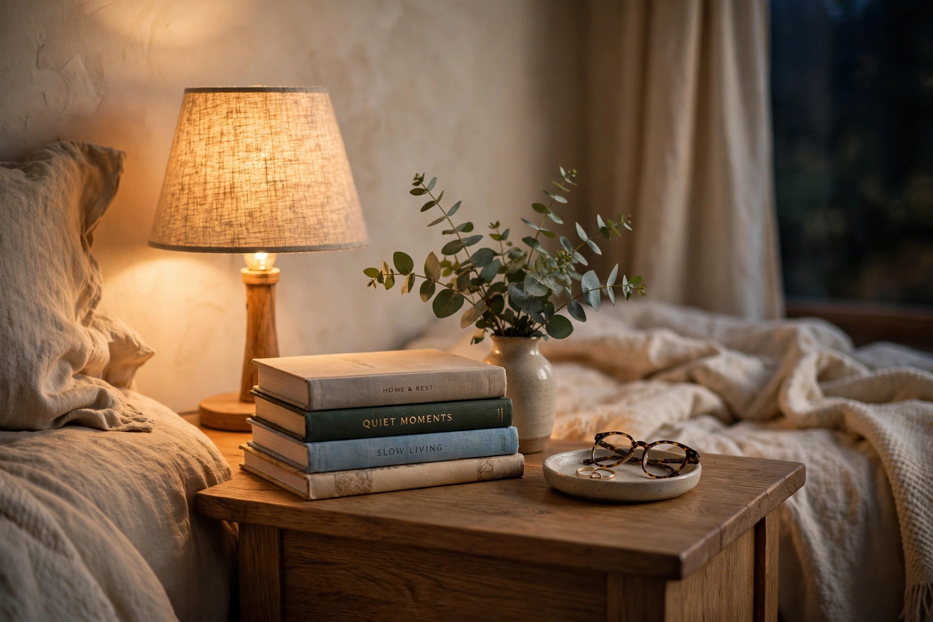 Warm bedside lamp glowing on a wooden bedside table