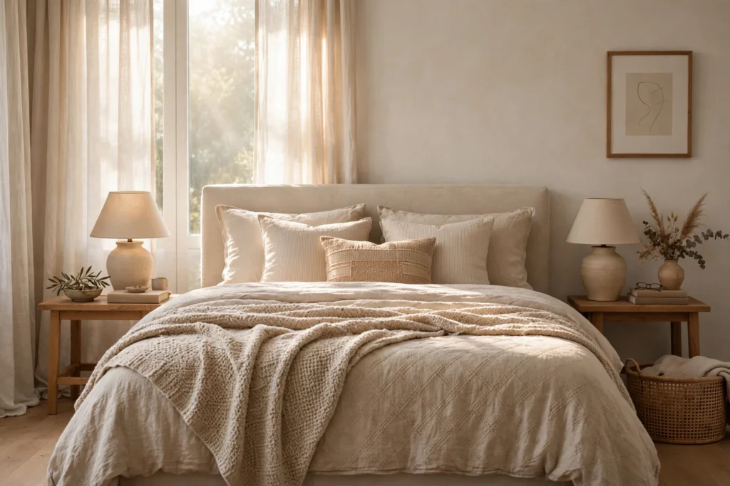 Cosy bedroom sanctuary with layered bedding in warm neutral tones
