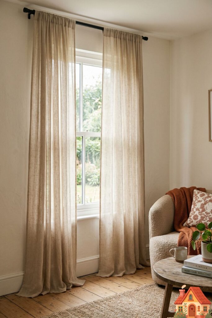 A tight living room space showing a window dressed with sheer, warm oatmeal linen curtains. The curtain rod is mounted at the very top of the ceiling, with the fabric draping all the way down to a natural wood floor, creating an illusion of height.