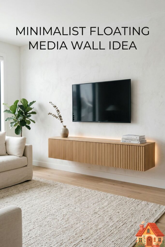 A minimalist living room wall. A sleek, slatted wood media console is floating gracefully on a white plaster wall beneath a flat-screen TV. The floor underneath is completely clear, showcasing a textured neutral rug.