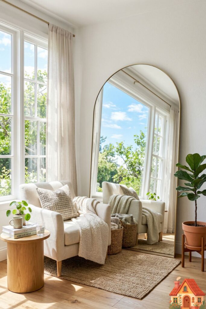  A compact, sunlit living room. Directly across from a bright window is a massive, floor-leaning arched mirror with a thin brass frame. The mirror perfectly reflects the blue sky and green trees outside, doubling the light in the space.