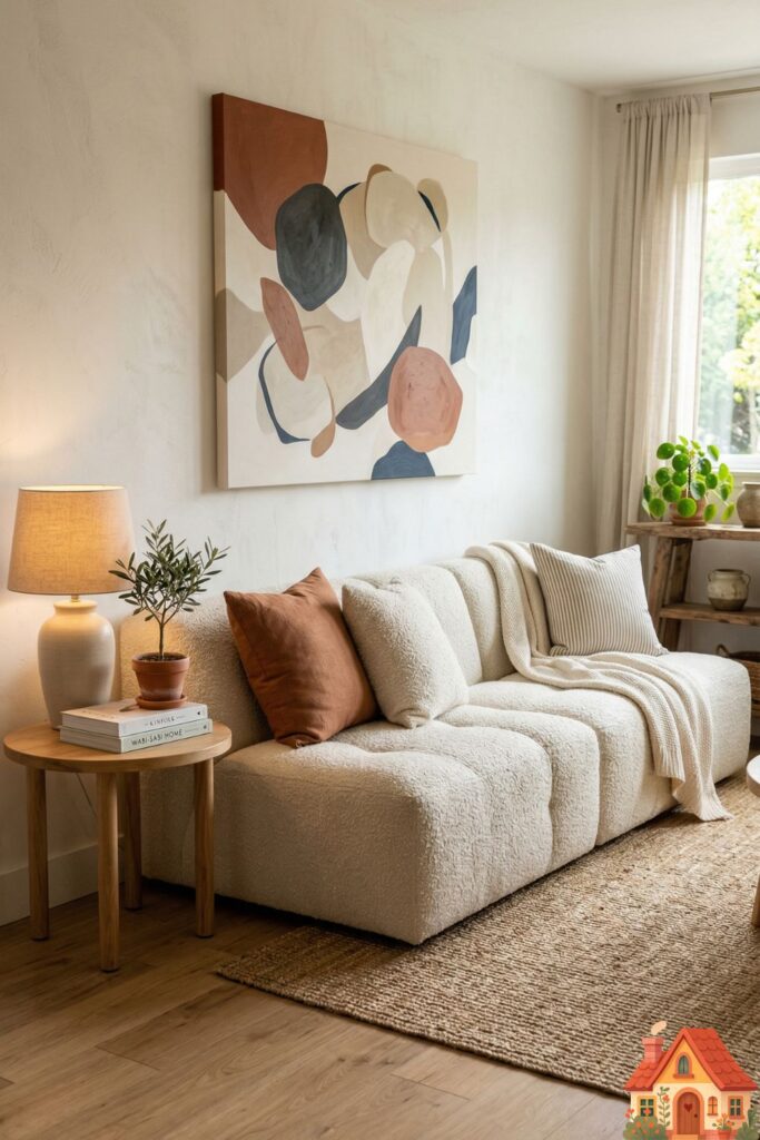  A beautiful, low-slung, armless modular sofa in a textured cream bouclé fabric, sitting close to the floor in a small living room. Above it, the wall is open and features a single, large piece of abstract canvas art.