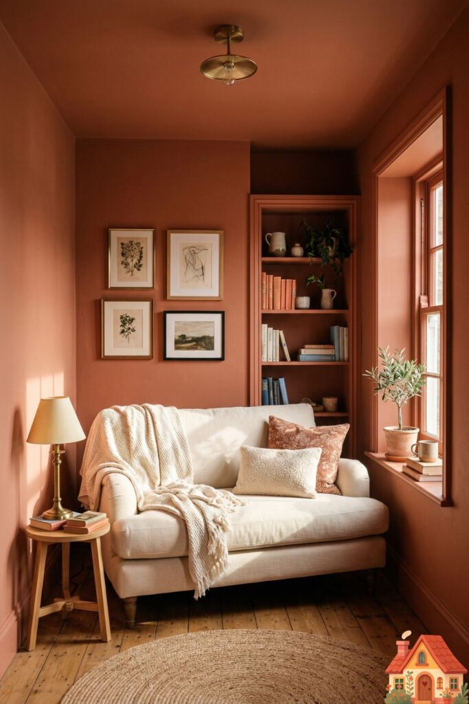 A compact, cozy living room completely color-drenched in a warm, muted terracotta. The walls, ceiling, and baseboards are identically colored. A soft, cream-colored loveseat sits in the center, catching warm afternoon sunlight from a single window.