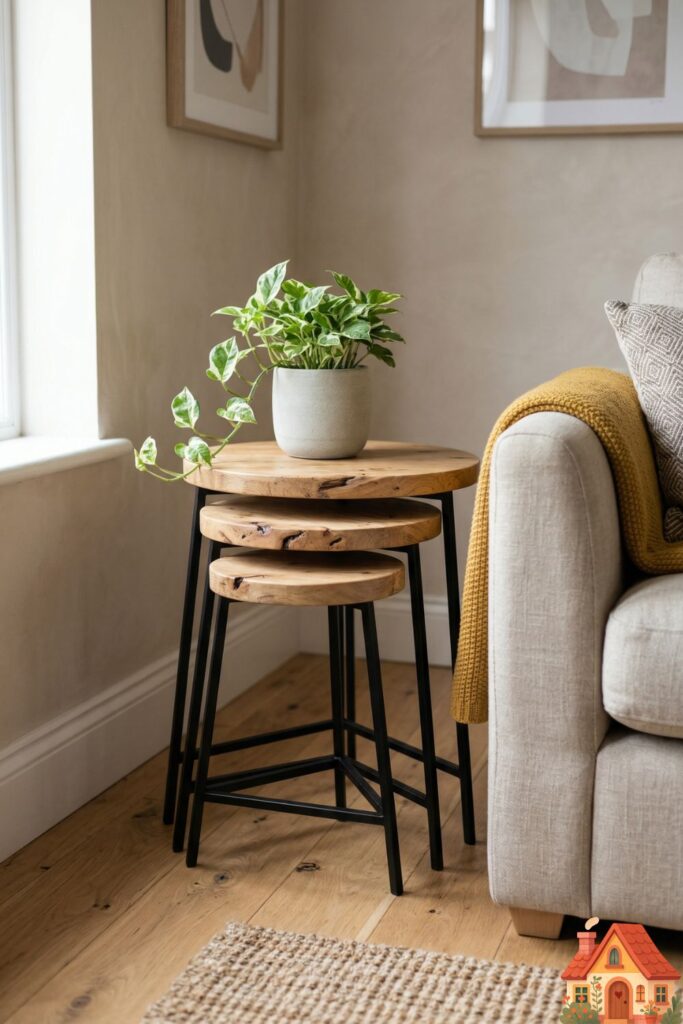 A tight living room corner beside a sofa, featuring a set of three nesting side tables made of raw, organic wood and matte black metal. They are neatly stacked together, saving space, with a small potted pothos plant on the top table.