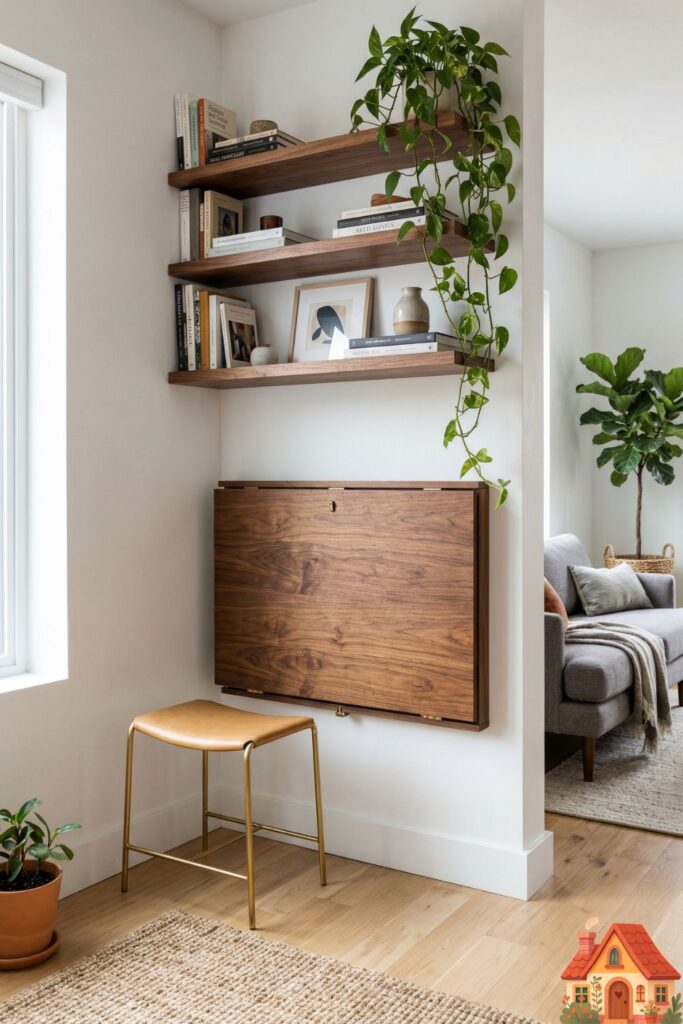 A clever, space-saving living room corner. A beautiful walnut drop-leaf desk is folded down flush against a white wall. Above it, floating shelves hold books and a trailing plant. A small, chic stool is tucked nearby.