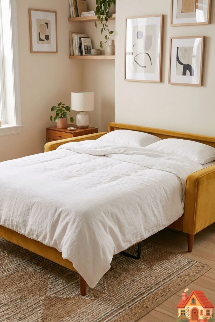 A sleek, modern, mid-century style sofa in mustard yellow velvet, located in a compact apartment. The image shows the sofa seamlessly converted into a flat, comfortable sleeping surface with crisp white linen sheets.