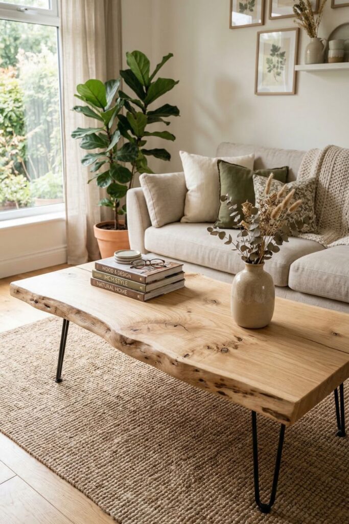 A massive, stunning live-edge oak slab coffee table. The wood is light and natural, showing every knot and grain pattern. It has simple black iron hairpin legs and is styled with a simple stack of coffee table books and a singular ceramic vase.
