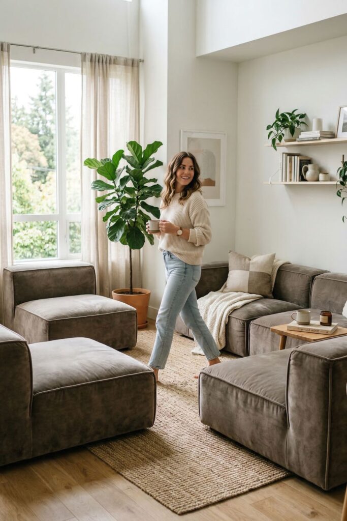 A low-profile modular sofa composed of four oversized, cube-shaped sectional pieces in a varied texture of warm gray velvet. Two pieces are pulled apart to create a walkway, showing the versatility in a bright apartment setting.