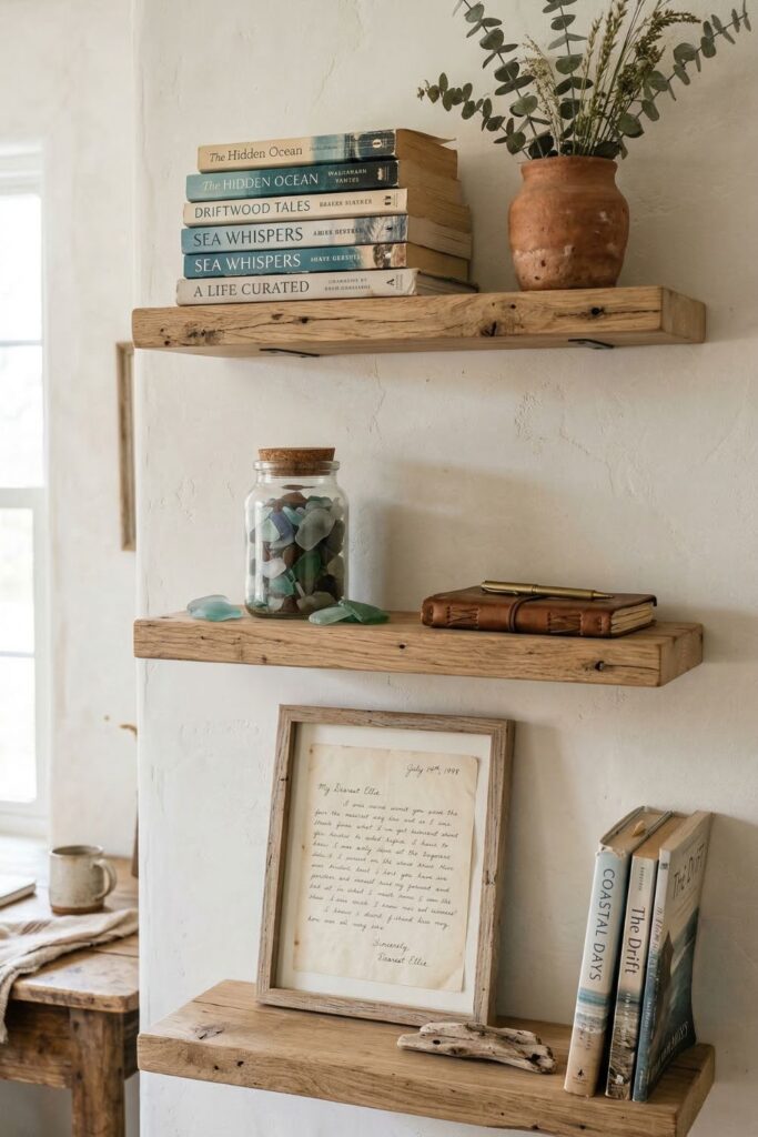 A set of three raw wood floating shelves on a white plastered wall. The shelves are intentionally styled with messy-chic items: dog-eared books, a rough clay pot, a collection of sea glass, and a handwritten letter in a simple frame.