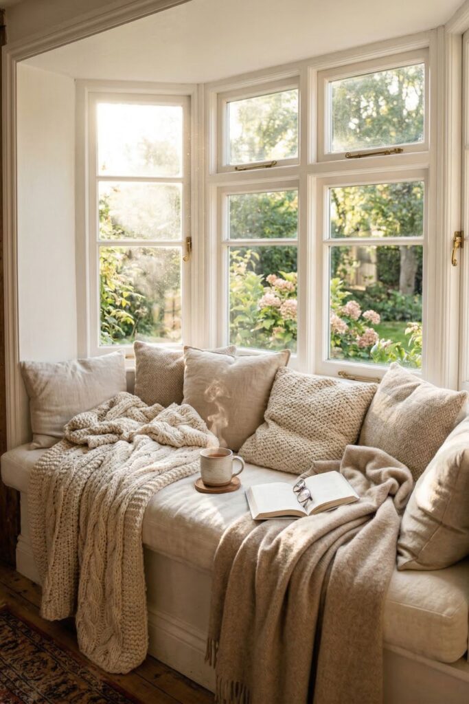 A charming window seat built into a bay window, with soft, cream-colored cushions and an excessive number of chunky knit throws. Sun pours through the glass, highlighting dust motes and creating a warm spot for relaxation