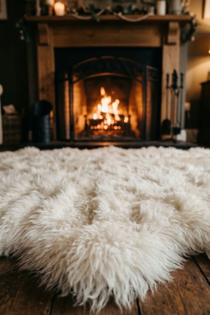 Close-up from a low angle looking across an extremely high-pile, fluffy white sheepskin style rug. In the background, out of focus, a black iron fireplace glows warmly.