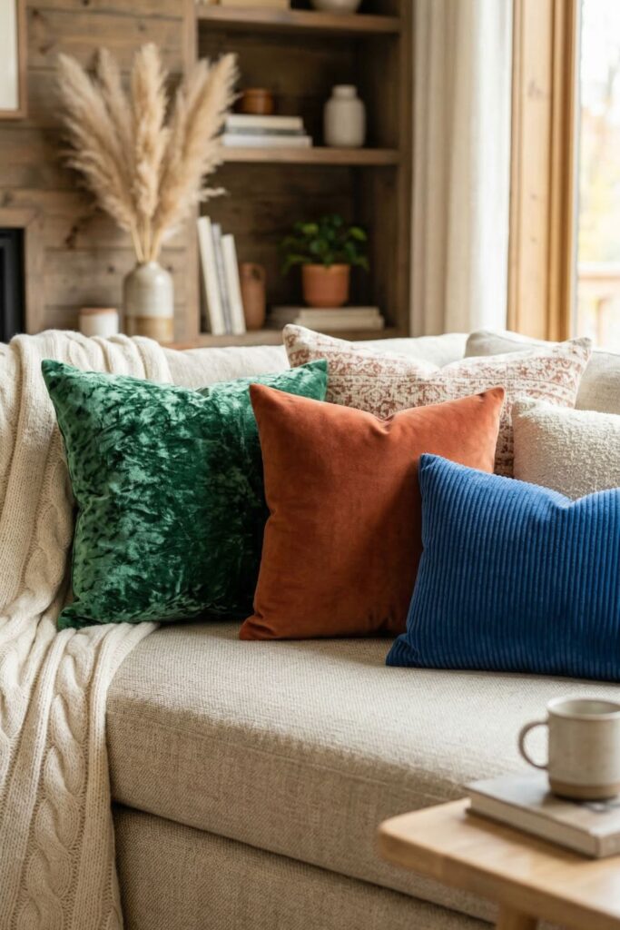 A rich, sensory image featuring a collection of throw pillows on a sofa. They are made of different types of velvet: a crushed emerald green, a matte rust orange, and a ribbed royal blue, showcasing the variation in texture.