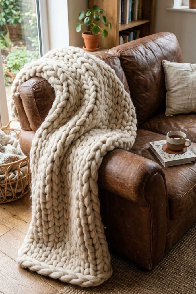  large, heavy, arm-knitted blanket in a natural, un-dyed wool color, draped over the arm of a leather sofa. The scale of the yarn is massive and tactile.)