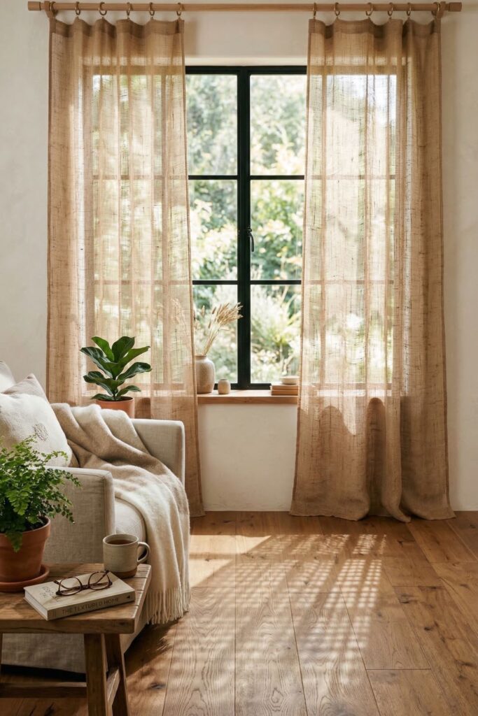 Looking towards a large window. Sheer, loosely woven jute curtains are hanging, casting a subtle, textured pattern of light across the hardwood floor as daylight filters through