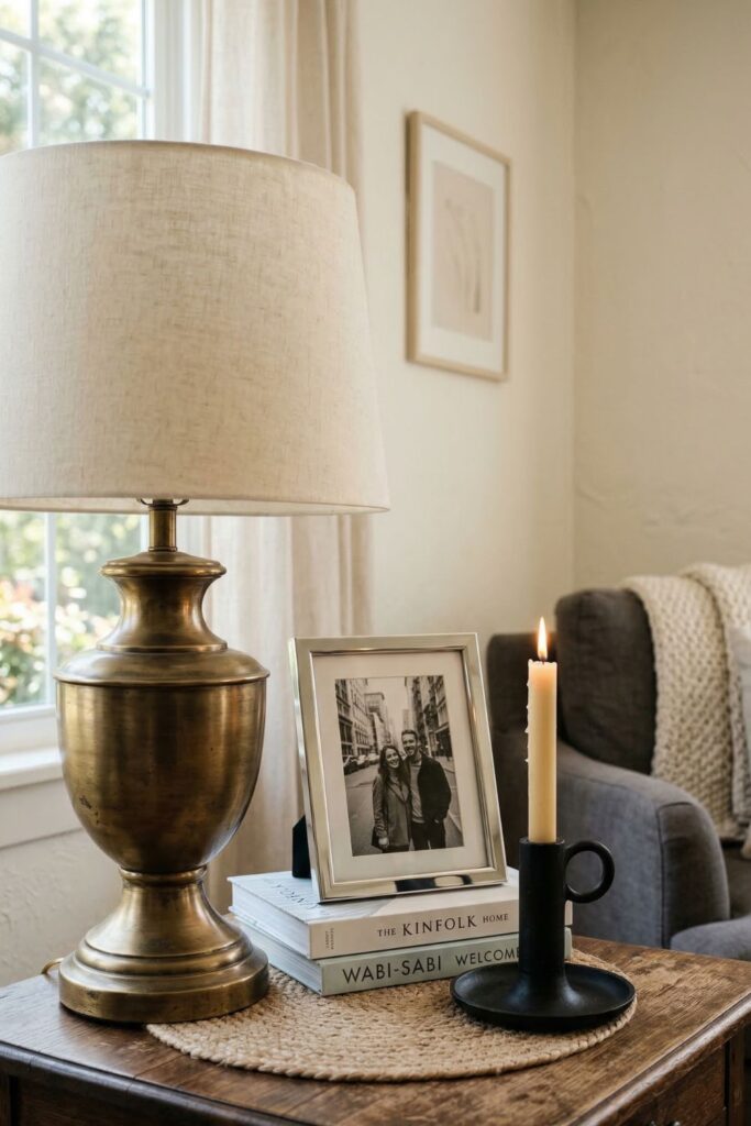 A detail shot on a side table showing a brushed brass vintage lamp base next to a modern silver chrome picture frame, and a matte black iron candle holder, creating a harmoniously eclectic vibe.