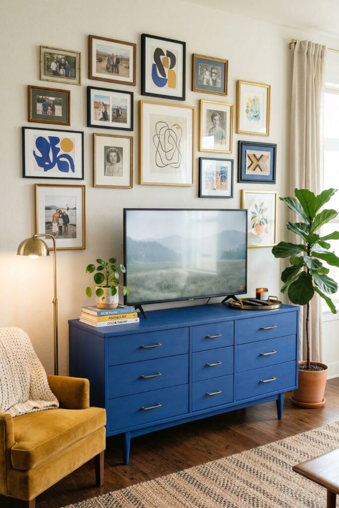On a rustic coffee table, a stack of three large, beautiful coffee table books with striking covers (one about volcanic landscapes, one about 70s fashion, one about modern poetry) are neatly stacked, with a singular, hand-blown amber glass vase on top.