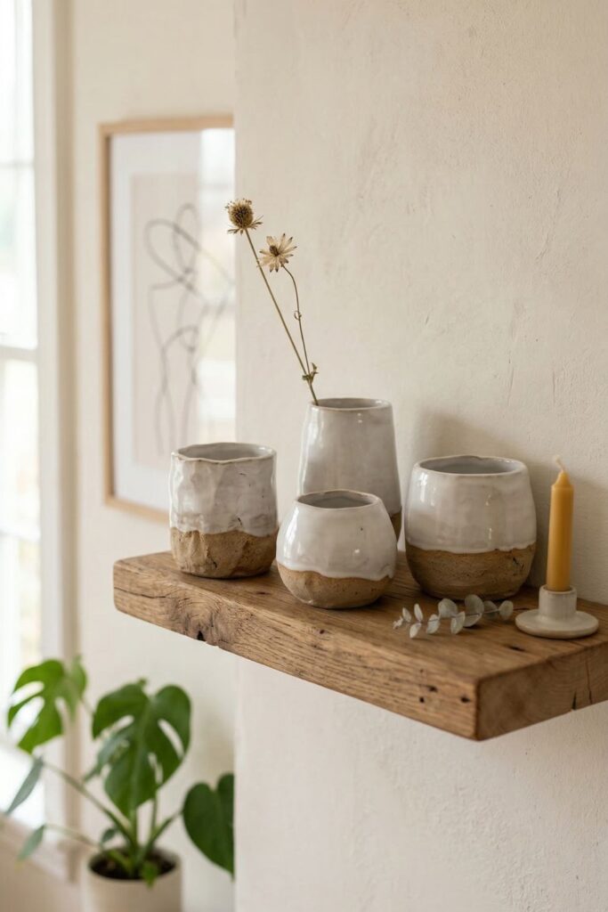 A wooden side shelf with a small collection of three handmade ceramic pots. They are irregularly shaped with exposed rough clay at the bottom and a simple, glossy white glaze at the top. A single dried wildflower is in one