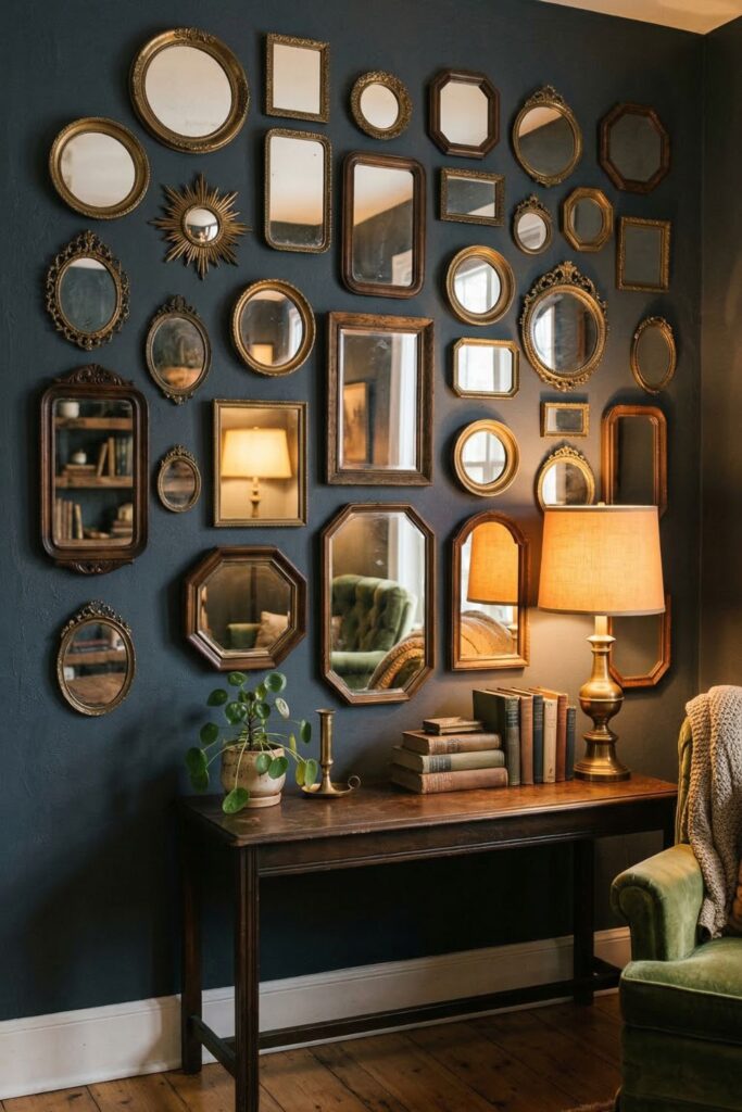 A unique accent wall featuring a collection of small, antique mirrors of varying shapes and sizes with aged brass and dark wood frames, creating an eclectic, shimmering surface that reflects a cozy lamp-lit room.