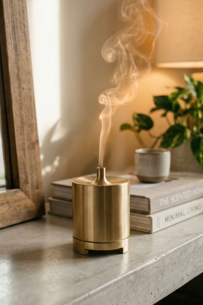  close-up focus on a minimalist, architectural brass oil diffuser resting on a polished concrete shelf. Soft, scented steam is elegantly rising, bathed in a warm, gentle backlight.