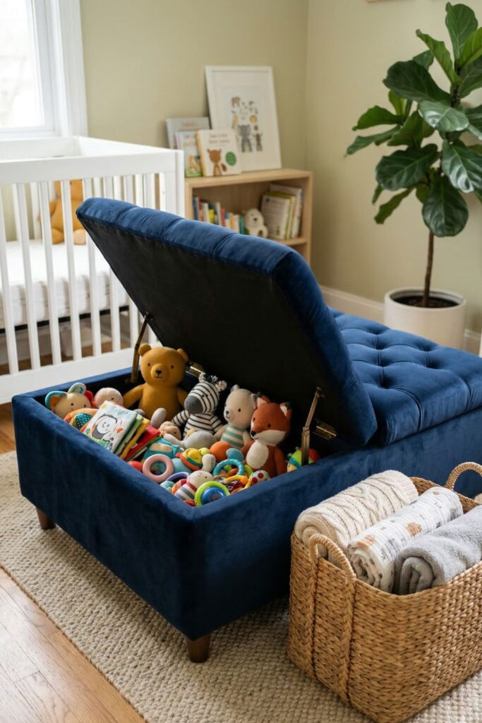 A chic, upholstered storage ottoman in a soft navy velvet is shown with its lid partially propped open, revealing that it is full of soft, colorful baby toys. A stylish basket next to it holds blankets, showing smart organization.