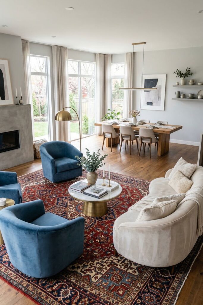 A large open-plan living and dining area. A massive, patterned Persian rug strictly defines the seating area with the curved sofa, separating it clearly from the wooden dining table in the background, creating psychological boundaries.