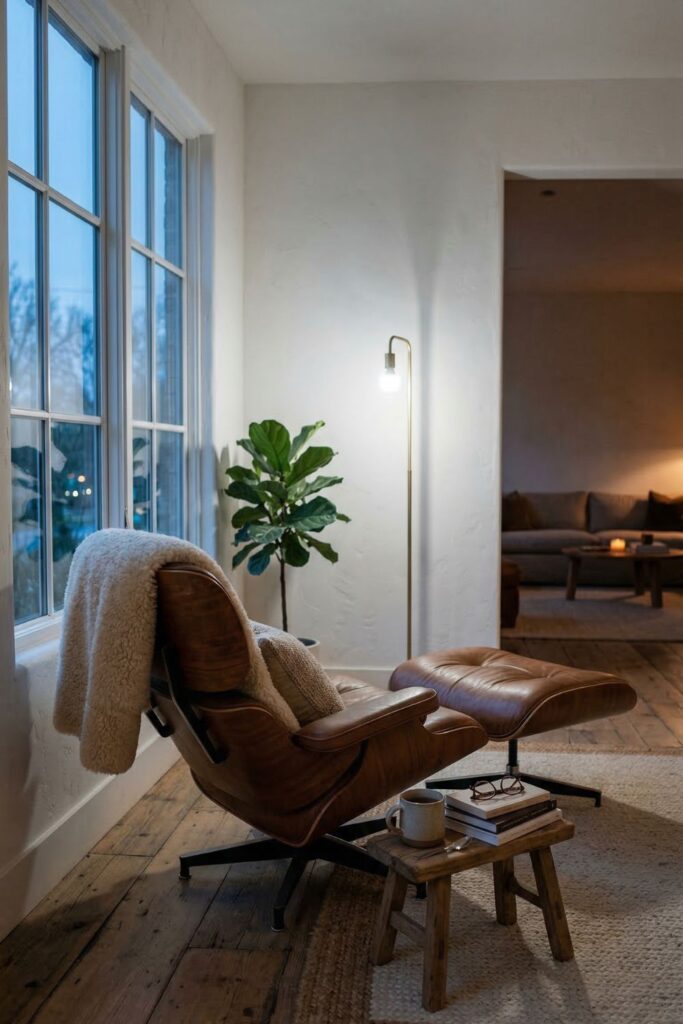 A lonely but inviting leather Eames-style lounge chair tucked into a quiet corner, facing away from the main seating area. It has its own standing brass floor lamp and a tiny stool for a cup of tea, bathed in cool evening window light.)