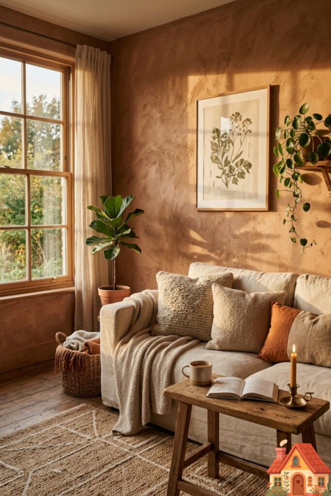  A cozy, sun-lit living room featuring heavily textured lime-wash plaster walls in a warm, dusty clay color. A soft, cream-colored linen sofa sits in the foreground. The lighting is golden hour, creating deep, comforting shadows.)