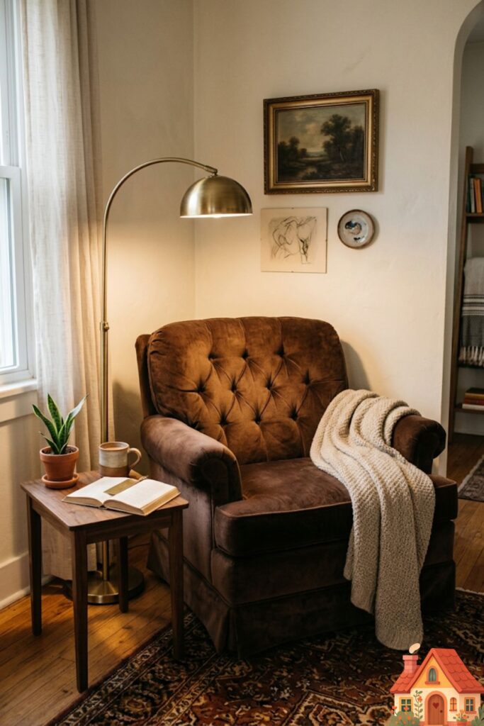 An intimate living room corner featuring a plush, chocolate brown velvet armchair. Behind it, the wall is painted a warm, creamy off-white. A small, aged brass reading lamp arches over the chair, creating a moody, grounded aesthetic.