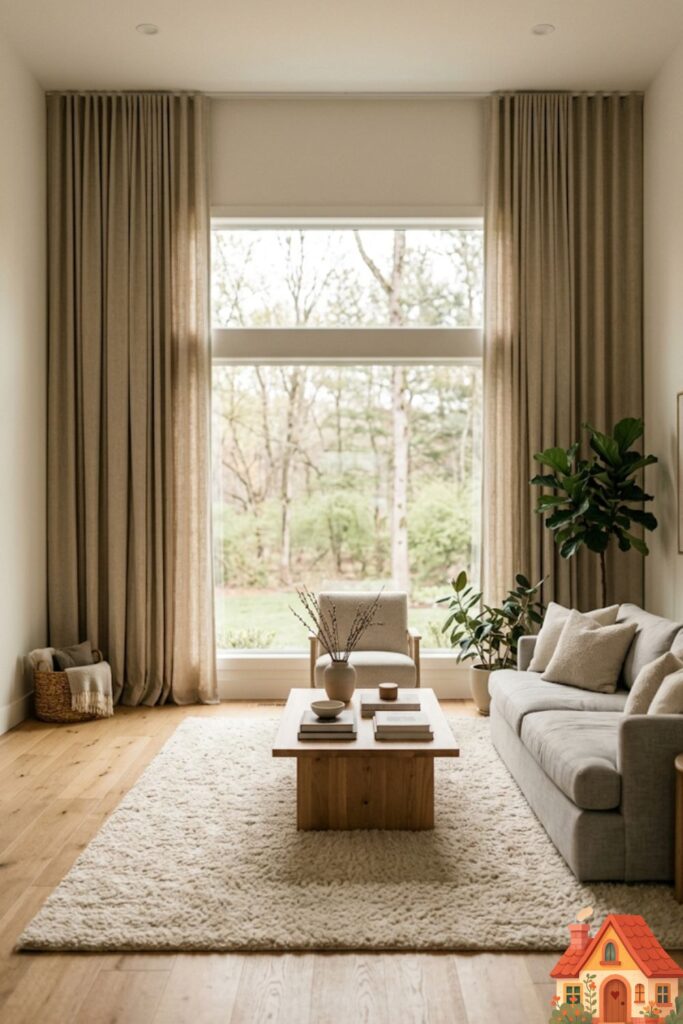 A serene living room looking towards a large window. Heavy, rich oatmeal-colored linen drapes hang from the very top of the ceiling, pooling slightly on the hardwood floor. A thick, plush rug sits in the center, emphasizing a quiet, muffled acoustic environment.