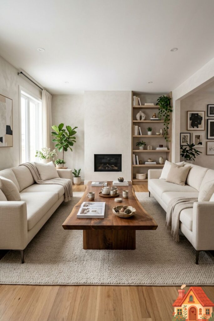 A wide shot of a living room where two identical, low-profile cream sofas directly face each other. Between them is a large, live-edge wood coffee table. There is no TV visible in the room, focusing entirely on social connection.