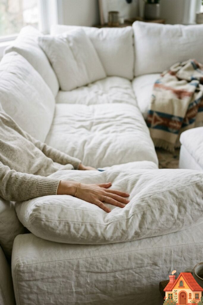 A side-angle close-up of a massive, incredibly deep-seated sofa covered in wrinkled, ultra-soft white linen. A person's hand is seen resting on the plush armrest, emphasizing the sinking, cloud-like comfort of the cushions.)