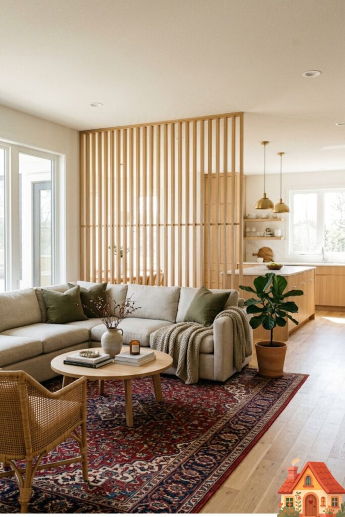 A large open-plan space. A beautiful, sheer wooden room divider lightly separates a cozy living room seating area from a modern kitchen in the background. A large Persian rug firmly anchors the living room zone, creating a feeling of a 'room within a room'.