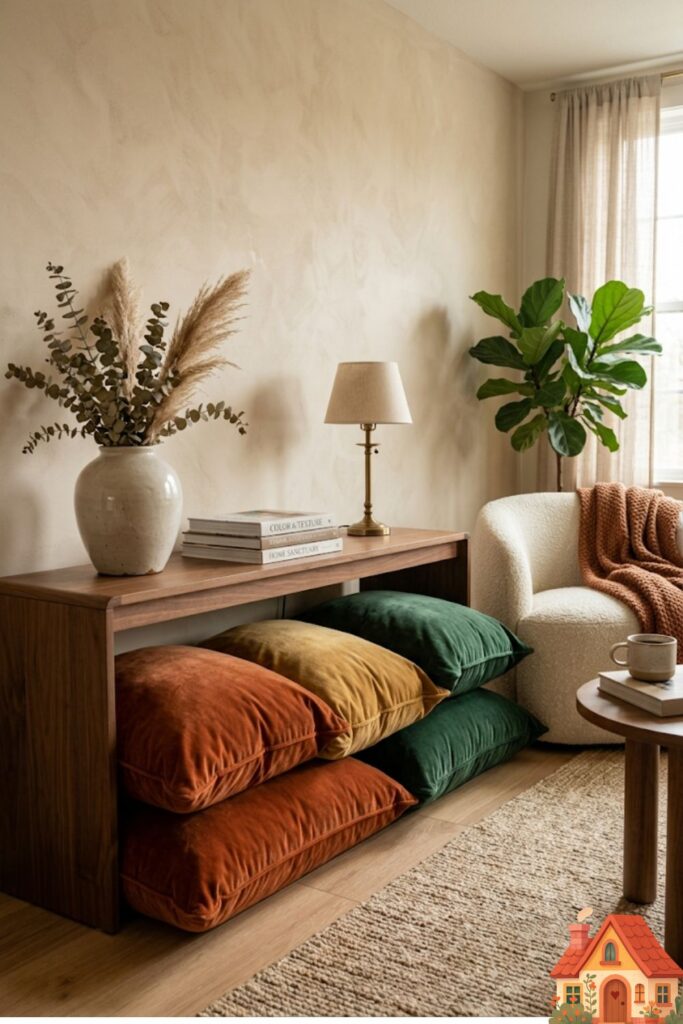  A cozy living room scene showing a sleek, low wooden console table. Tucked neatly underneath it are three massive, overstuffed floor pillows in rich velvet tones of rust, mustard, and deep green.