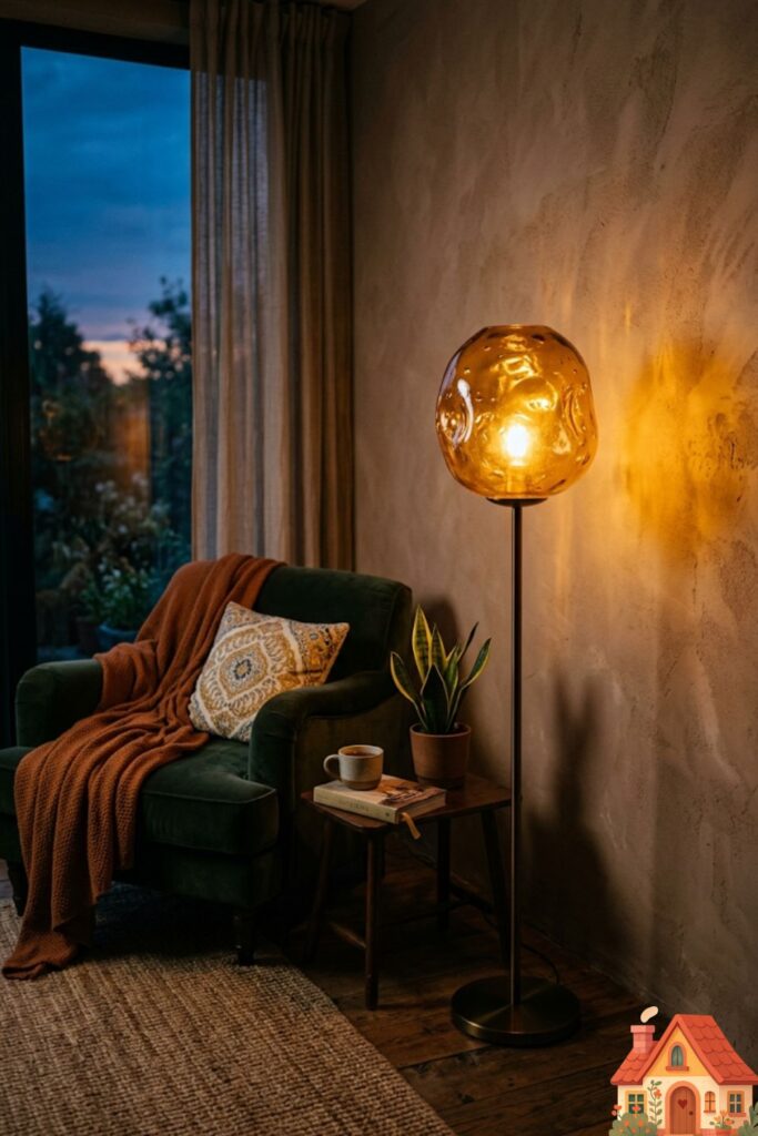 A moody living room corner at dusk. A beautiful floor lamp features an organic, hand-blown amber glass shade that casts a warm, honey-colored glow against a textured plaster wall, creating a deeply soothing atmosphere.