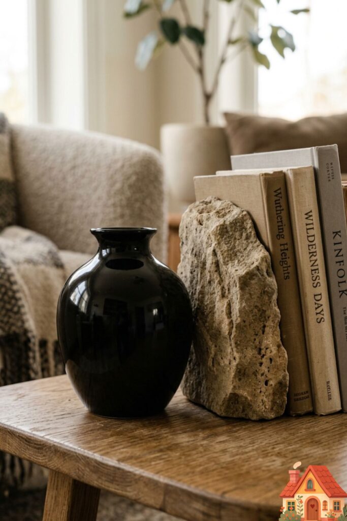 A macro detail shot of a living room side table. A perfectly smooth, glossy black ceramic vase sits right next to a rough, porous, unpolished chunk of raw sandstone being used as a bookend, highlighting the stark tactile contrast.