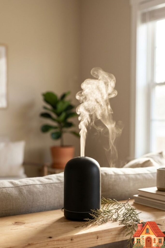 A minimalist, matte-black ceramic essential oil diffuser resting on a raw wood shelf in a living room. A thin, elegant plume of scented mist is rising into a shaft of sunlight. A sprig of dried cedar rests beside it.