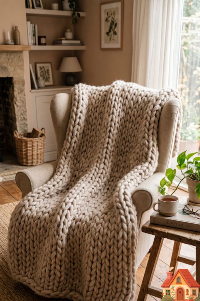 A cozy armchair covered in a massive, extremely thick, hand-knitted wool blanket in a warm oatmeal color. The oversized yarn creates a deeply textured, heavy appearance, inviting the viewer to curl up underneath it.