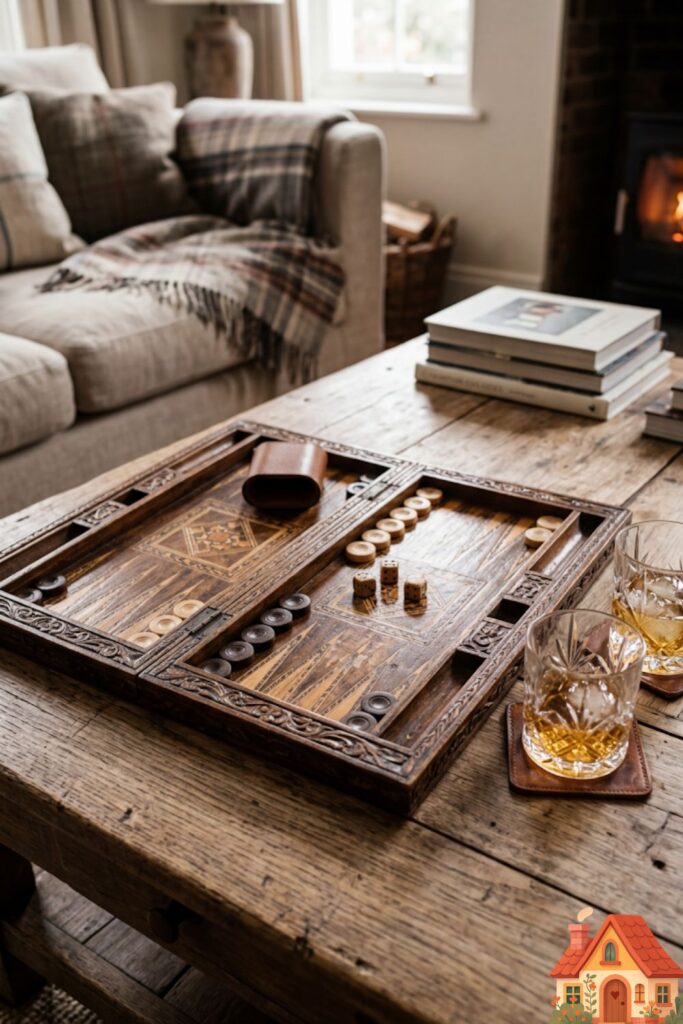 A close-up of a rustic wooden coffee table. Sitting prominently on top is a beautifully carved, vintage wooden backgammon board, left partially played, alongside two heavy crystal glasses, signaling a room meant for living and connection.