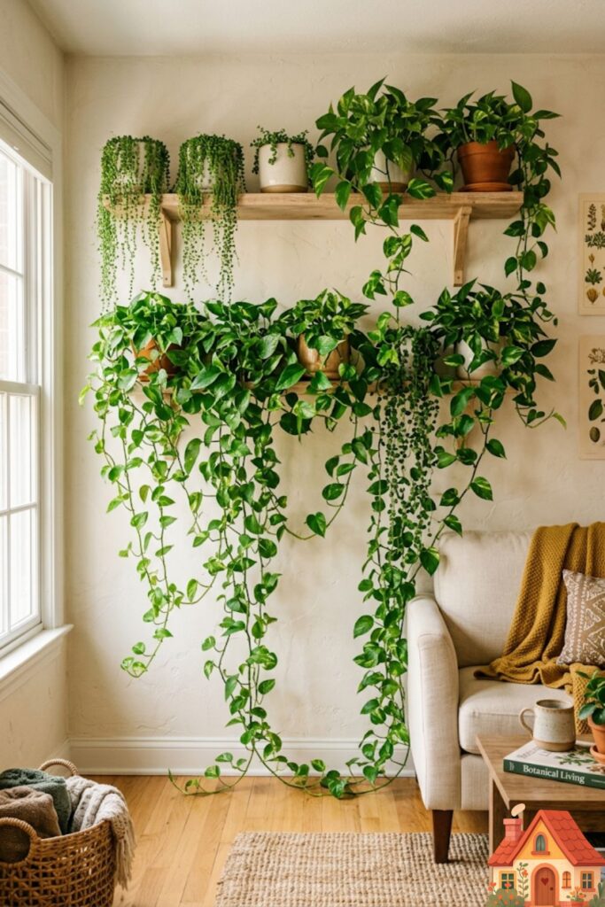 A high shelf in a sunlit living room. Several lush 'String of Pearls' and 'Golden Pothos' plants are placed there, with their vibrant green vines trailing gracefully all the way down the wall, almost touching the floor.)