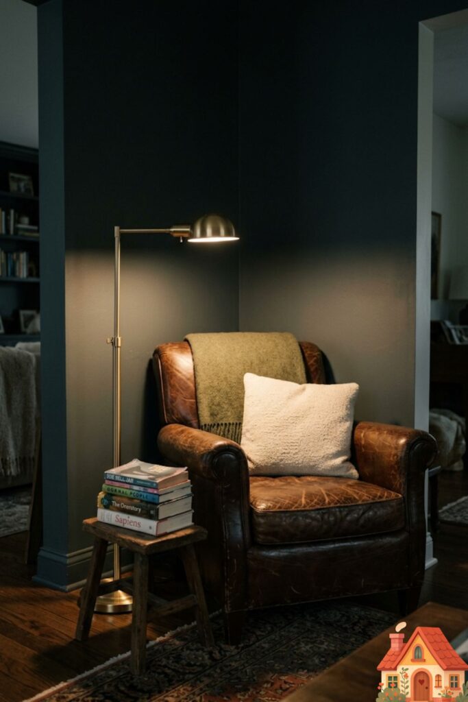 A quiet, shadowed corner of a living room. A single, well-worn leather reading chair sits beneath a focused brass floor lamp. A small stack of dog-eared books rests on a tiny wooden stool next to it. A private sanctuary.