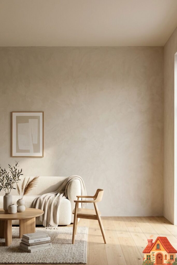  A minimalist but warm living room design. The furniture is grouped cozily to the left, but the right corner of the room is left entirely empty, featuring only the beautiful texture of the plaster wall and the natural light hitting the wood floor.
