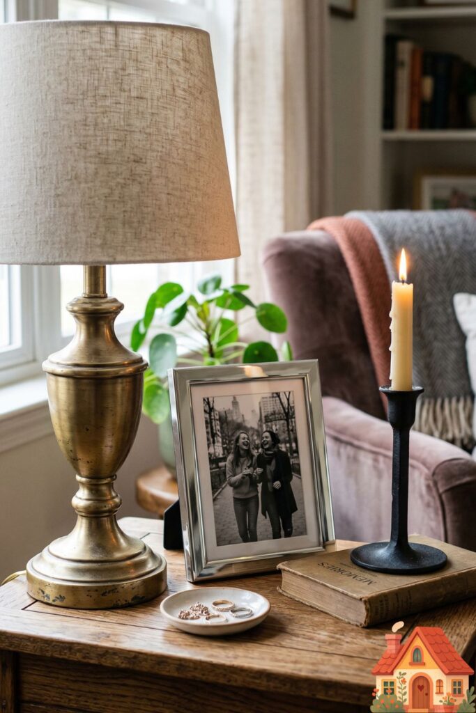 A detail shot on a side table showing a brushed brass vintage lamp base next to a modern silver chrome picture frame, and a matte black iron candle holder, creating a harmoniously eclectic vibe.
