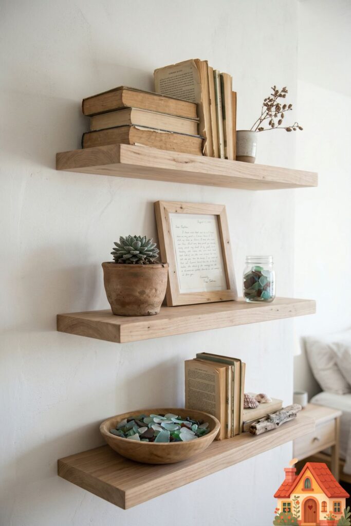 A set of three raw wood floating shelves on a white plastered wall. The shelves are intentionally styled with messy-chic items: dog-eared books, a rough clay pot, a collection of sea glass, and a handwritten letter in a simple frame.