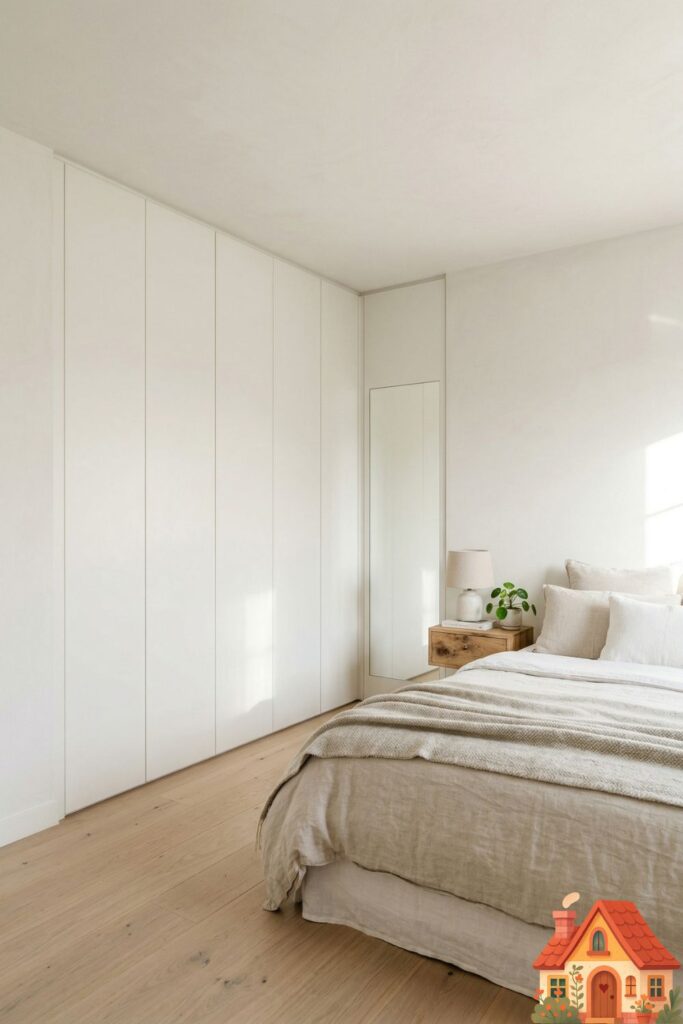  A modern bedroom with minimalist, floor-to-ceiling cabinetry that is seamless and handle-less, painted the same warm white as the walls. The cabinets appear invisible, creating a clean, anxiety-free aesthetic.