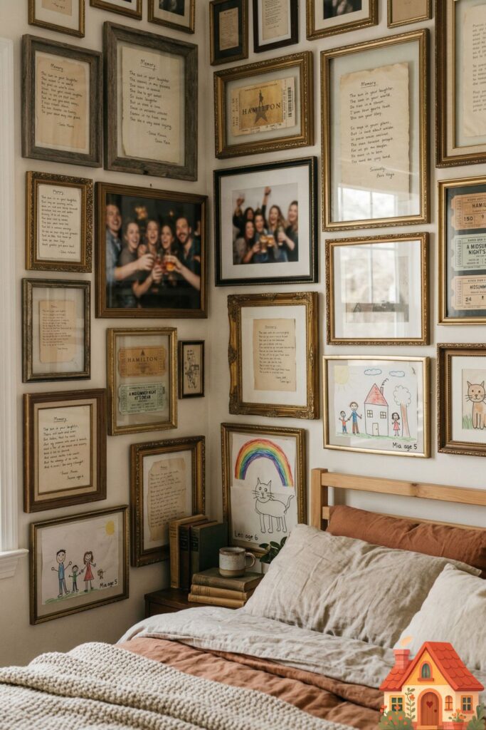  gallery wall spanning a bedroom wall. It features dozens of mismatched, antique frames. Inside them are handwritten poems, blurry photos of friends laughing, theater tickets, and child-like drawings, all telling a personal story.