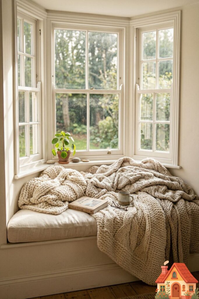 A charming window seat built into a bay window, with soft, cream-colored cushions and an excessive number of chunky knit throws. Sun pours through the glass, highlighting dust motes and creating a warm spot for relaxation.