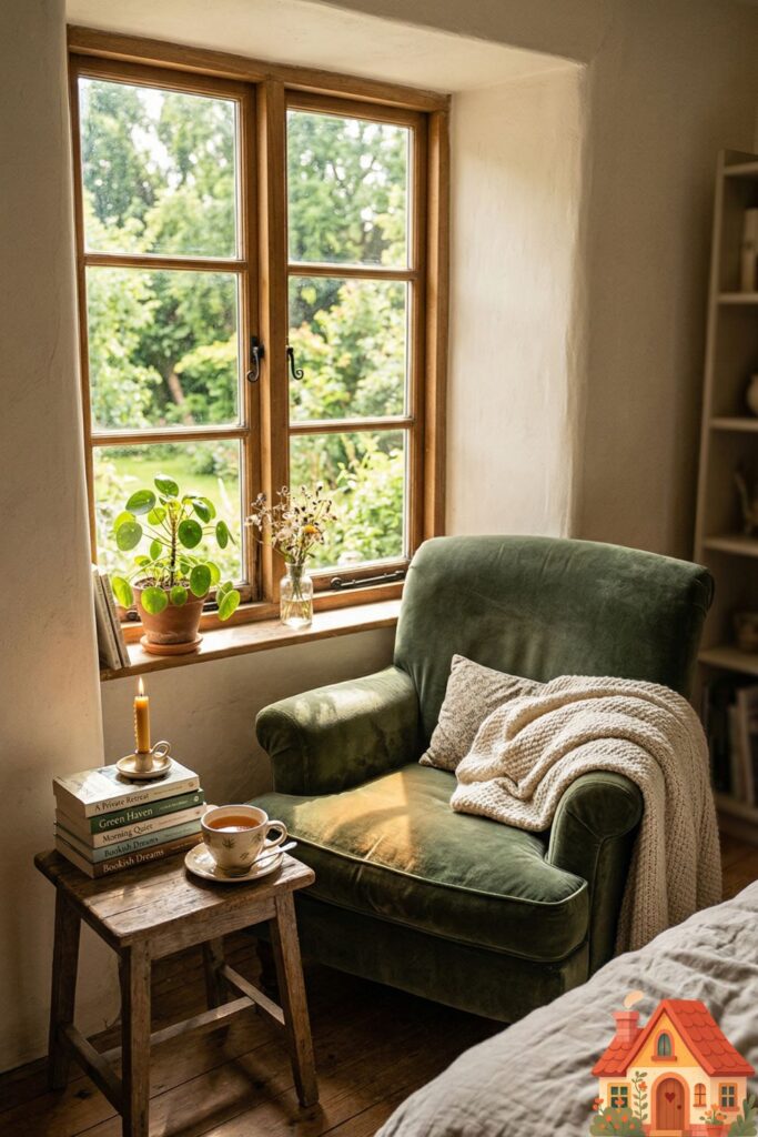A charming window nook in a bedroom, featuring a single, ultra-plush velvet armchair in dark sage green. Sun pours through the glass, highlighting a warm spot with a stack of books and a teacup, creating a private retreat.