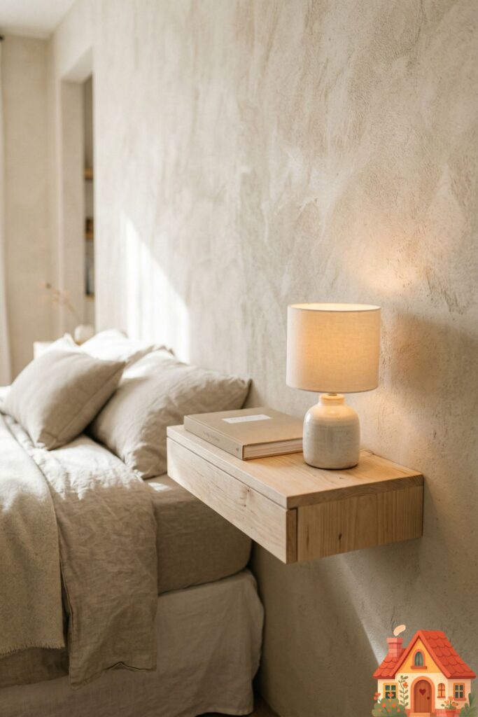 A minimalist, natural raw wood floating nightstand attached to a textured oatmeal plaster wall. It holds only a simple book and a warm-glow lamp, creating a clean, airy, anxiety-free bedside zone.