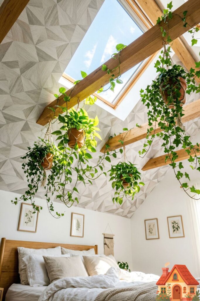 Looking upwards in a bright bedroom, showing a textured, geometric pattern wallpaper applied to the ceiling. Hanging pothos and ivy plants drape from natural wooden beams, bathed in bright sunlight from a skylight.